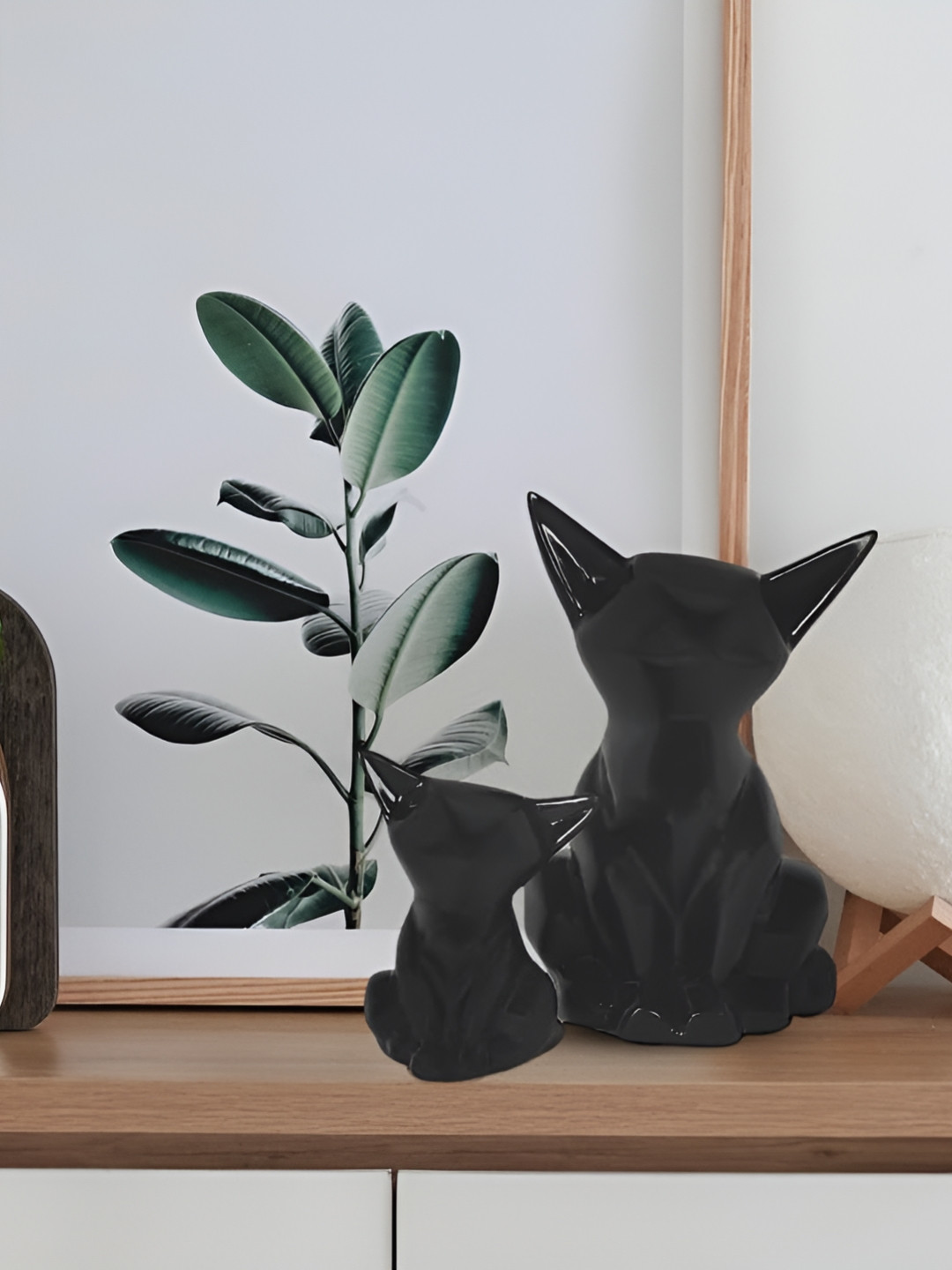 LASAKI Neko Cat Black Ceramic Glossy Living Room Set of 2 Small Showpieces - 3.3 Inches