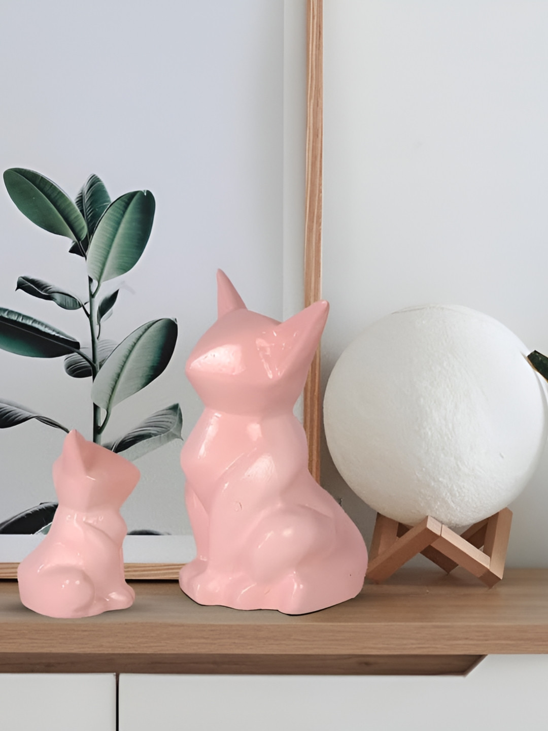 LASAKI Neko Cat Pair Pink Ceramic Glossy Living Room Set of 2 Small Showpieces - 3.3 Inches