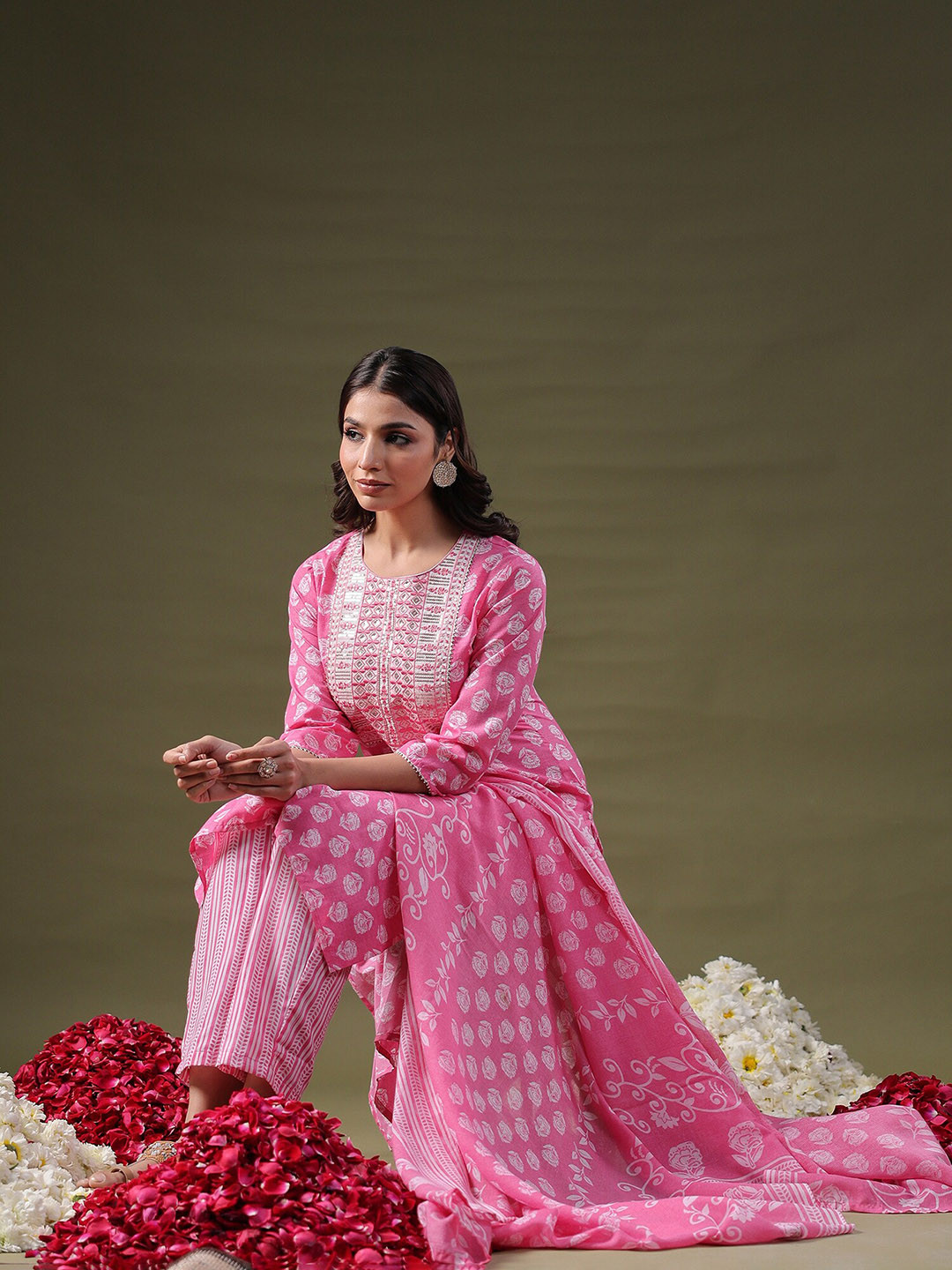 Indo Era Pink Floral Printed Straight Pure Cotton Kurta With Trousers & Dupatta