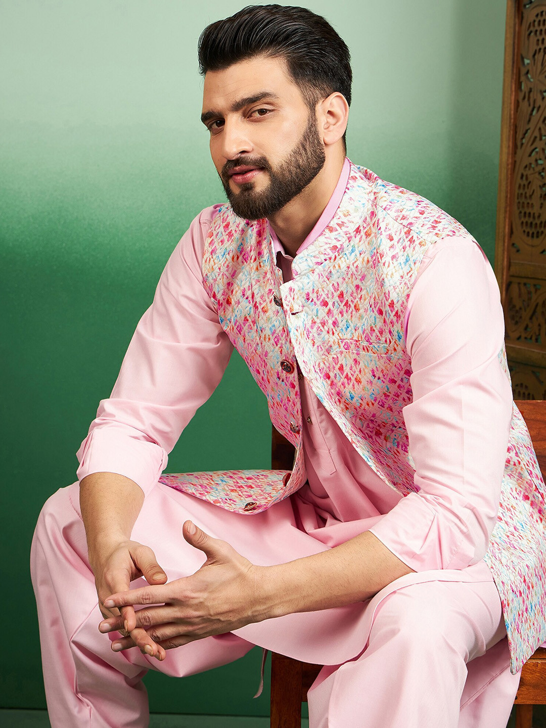 House of Pataudi Woven Design Nehru Jacket