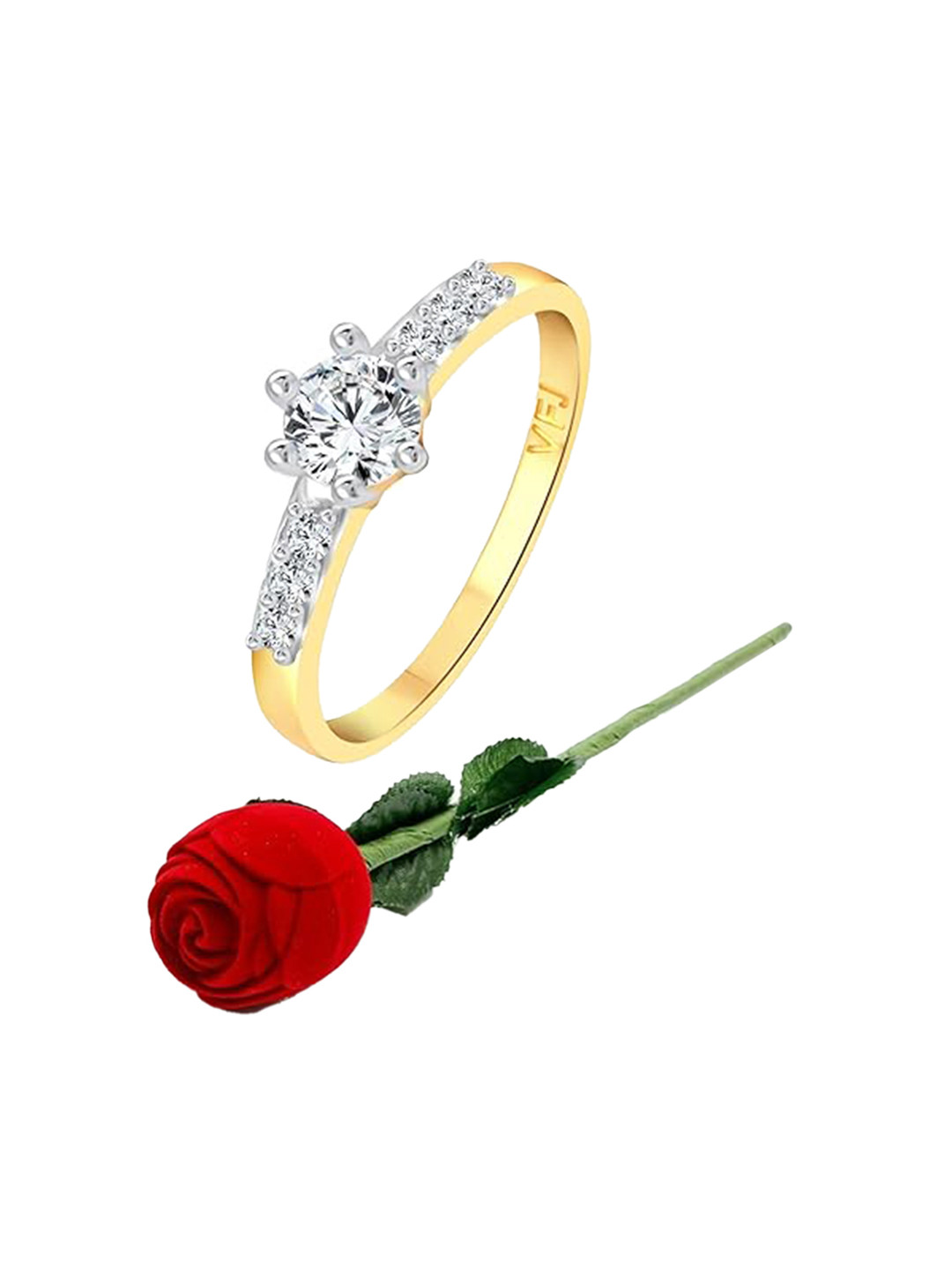 Vighnaharta Set Of 2 Gold-Plated CZ-Studded Finger Ring With Rose Box
