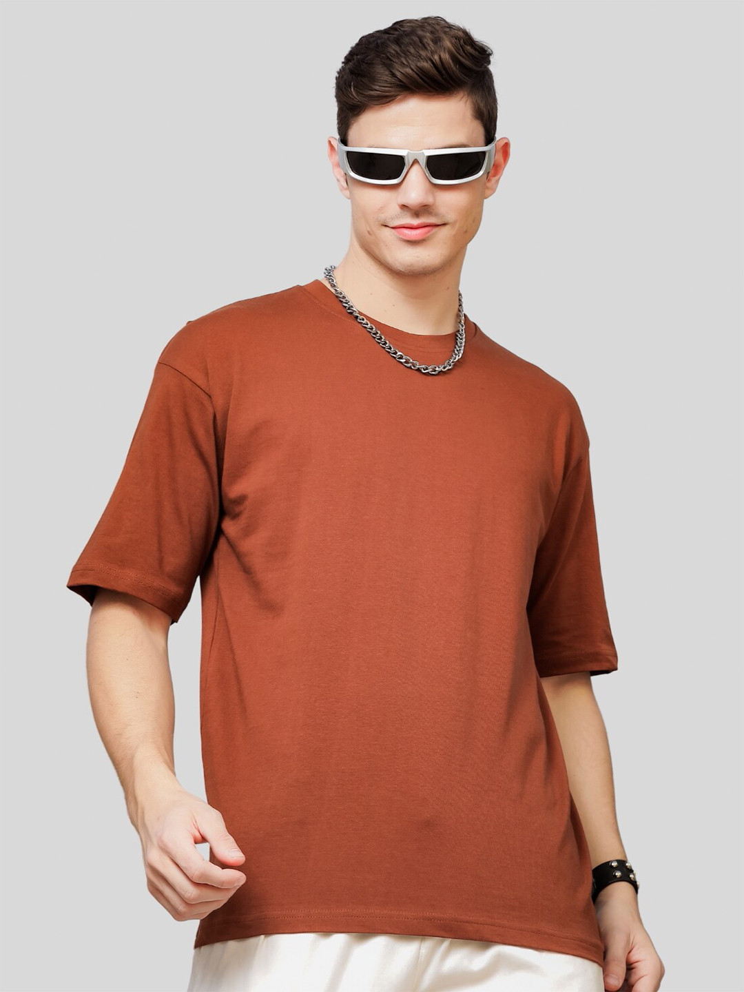 ADRO Round Neck Drop-Shoulder Sleeves Oversized Pure Cotton T-shirt