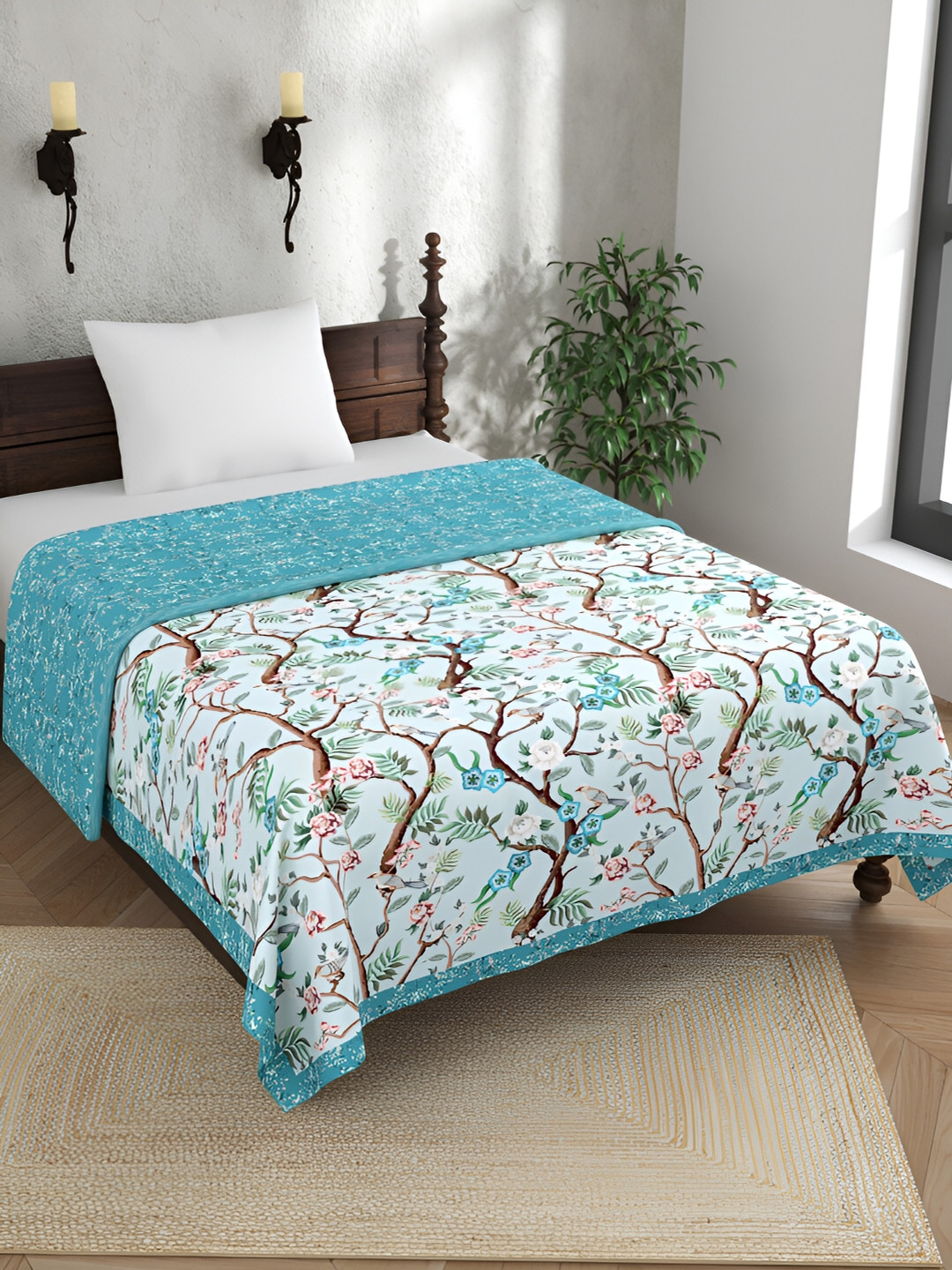 EverHOME Daisy Meadows Blue & Brown Floral Cotton AC Room 120 GSM Single Bed Dohar