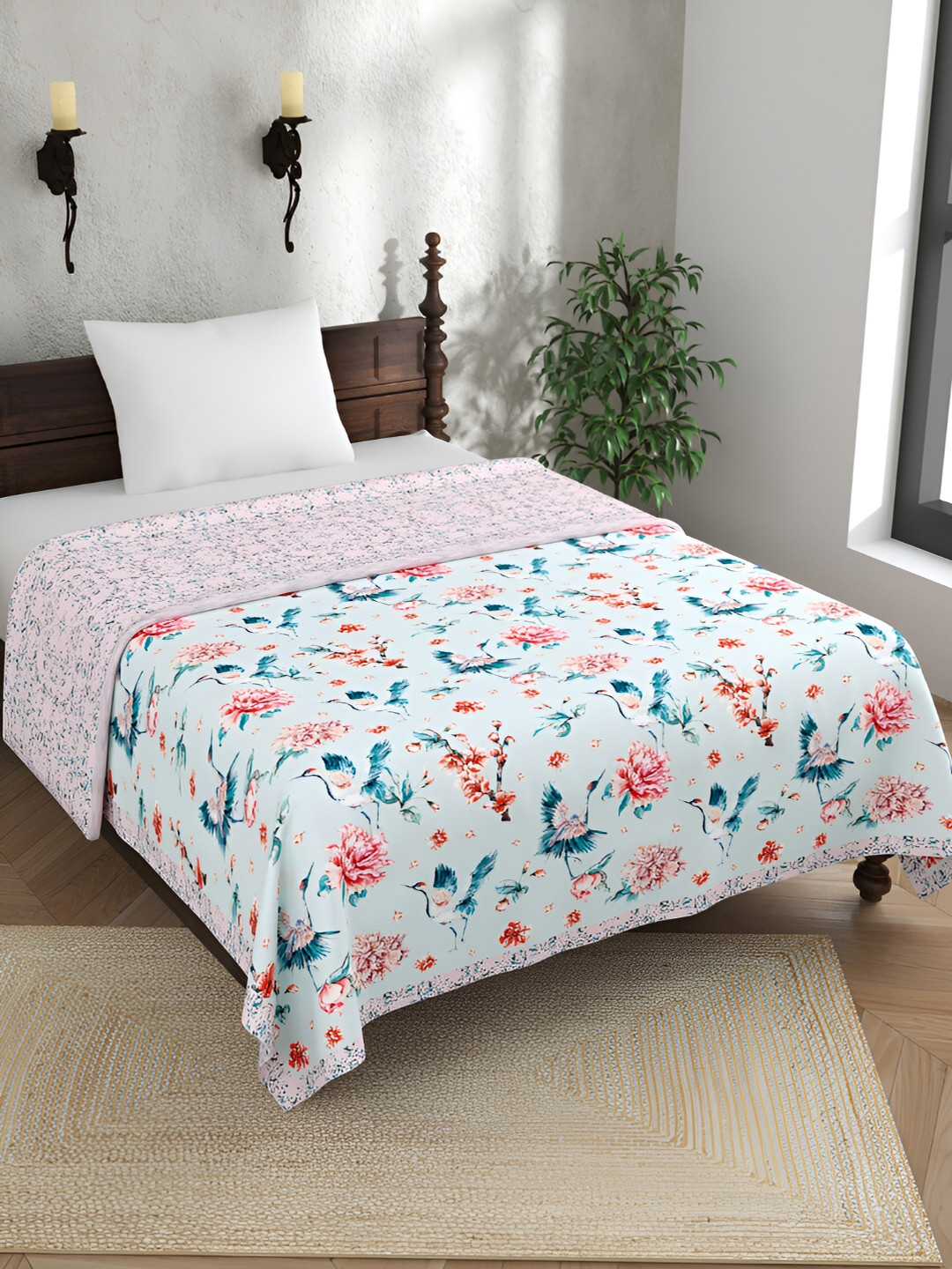 EverHOME Daisy Meadows Blue & Pink Floral Cotton AC Room 120 GSM Single Bed Dohar