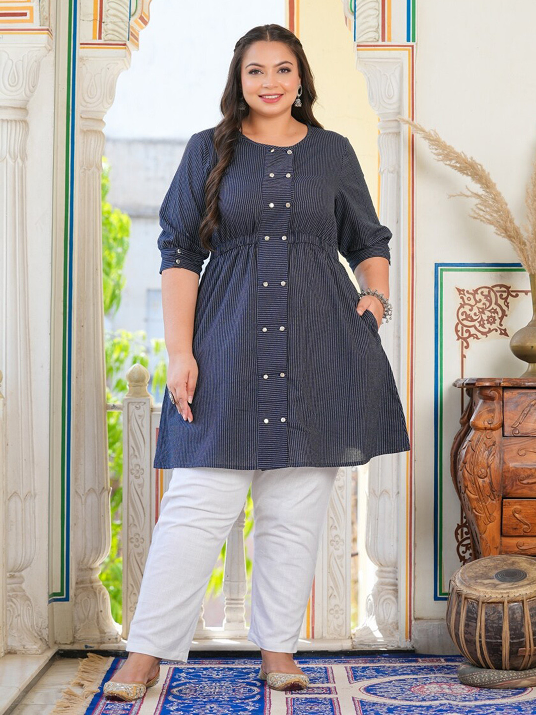 YASH GALLERY Plus Size Striped Round Neck Cotton Tunics