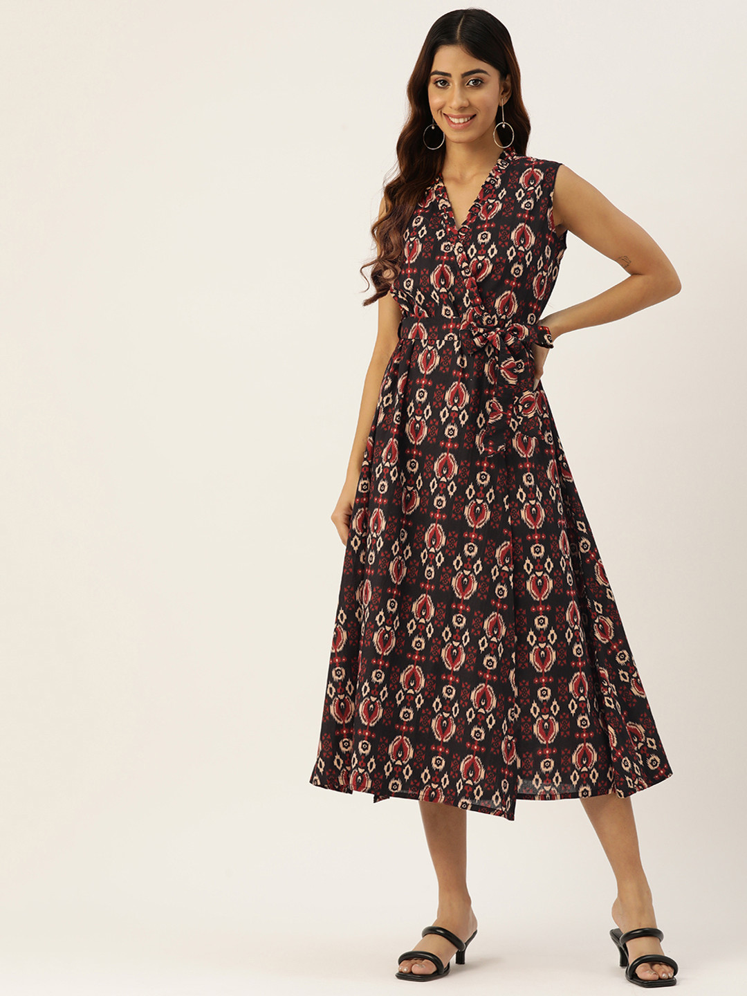 FERANOID Bohemian Print A-Line Cotton Midi Dress