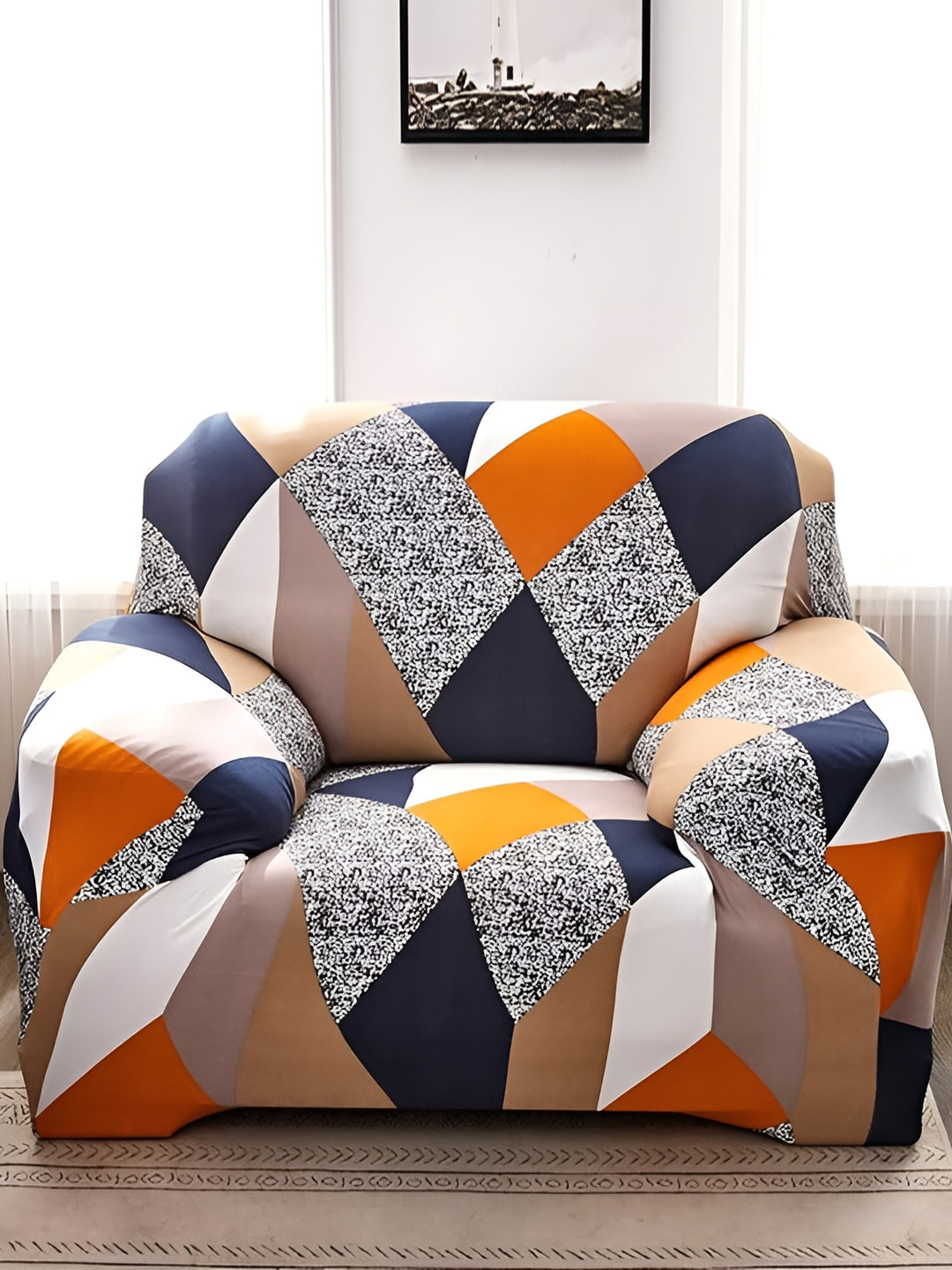 TONY STARK White & Navy Blue 1 Seater Geometric Printed Sofa Cover With Arms