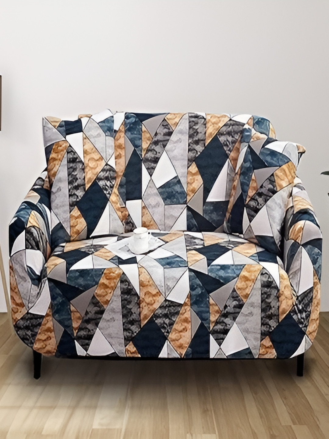 TONY STARK White & Navy Blue 1 Seater Geometric Printed Sofa Cover With Arms