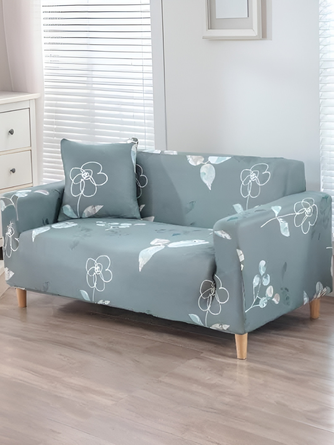 TONY STARK Grey Floral Polyester Anti-Wrinkle Straight 3 Seater Sofa Cover-57x71In