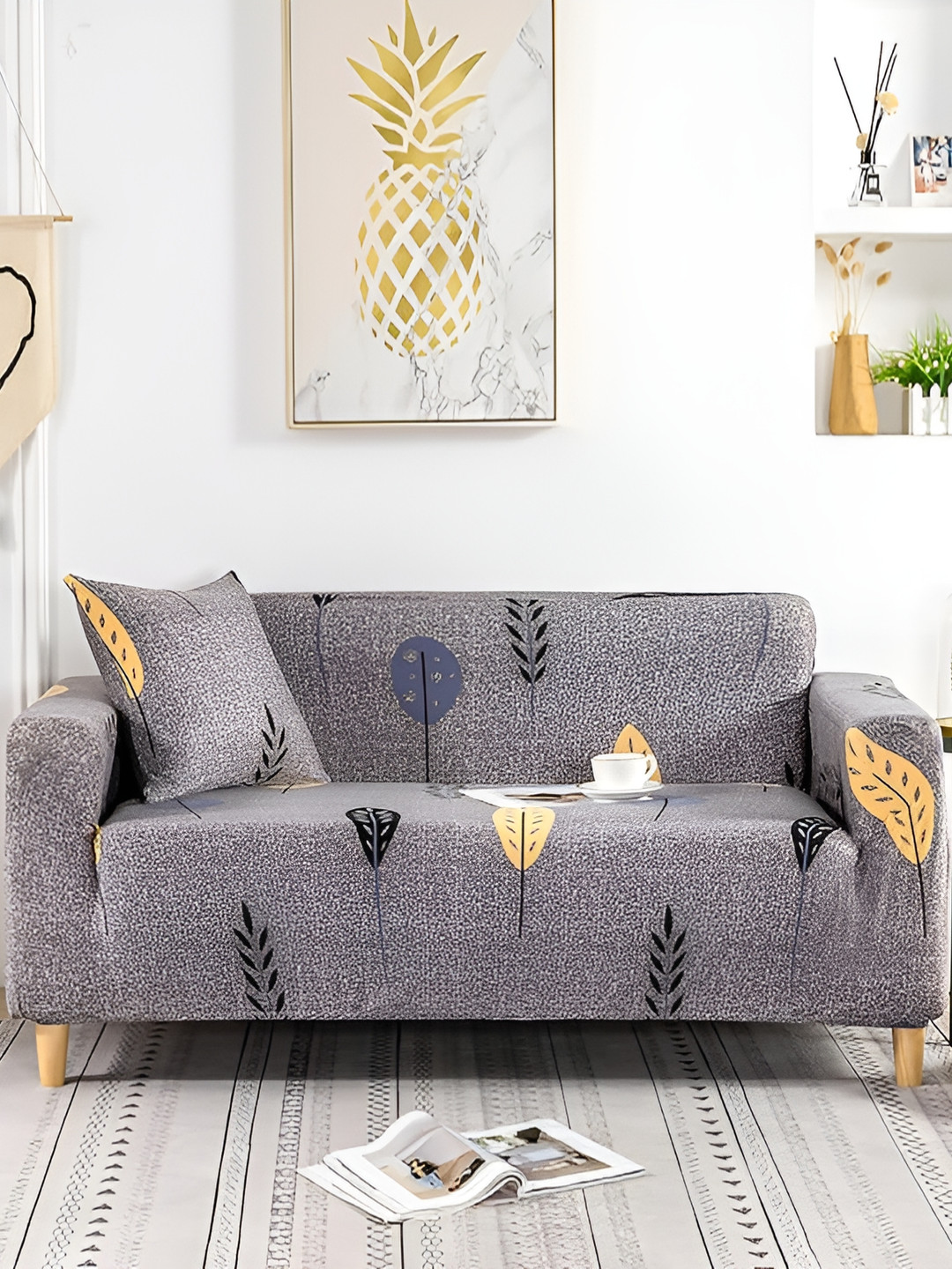 TONY STARK Grey 4 Seater Floral Printed Sofa Cover With Arms