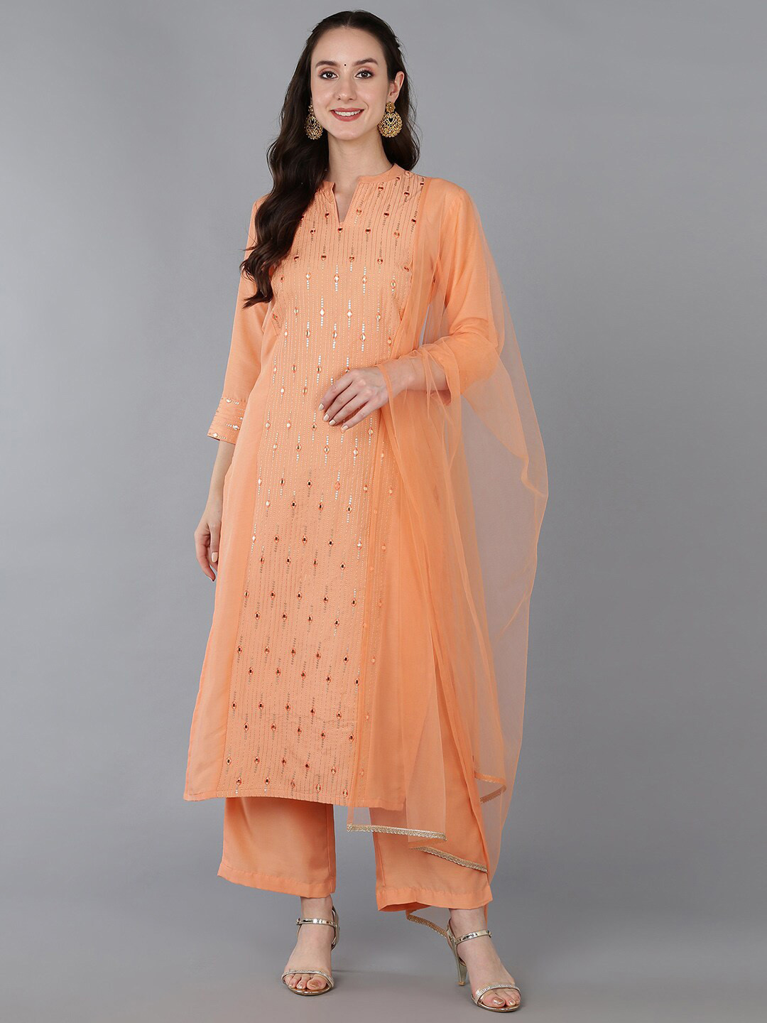 AHIKA Embroidered Mandarin Collar Three-Quarter Kurta Set