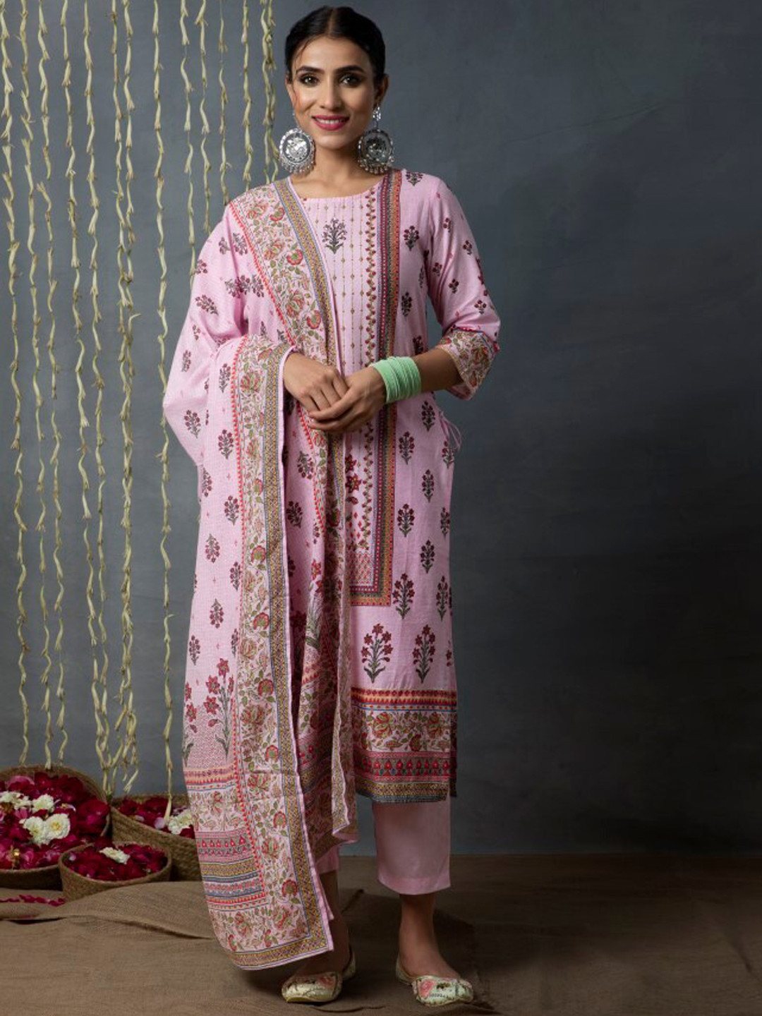 Juniper Purple Floral Printed Straight Beads and Stones Kurta With Trousers & Dupatta