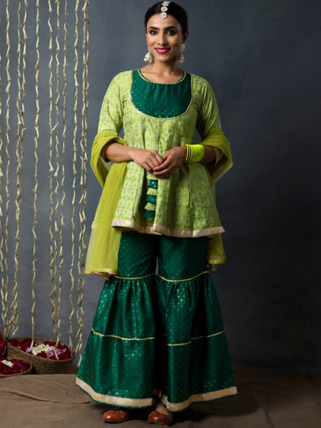 Juniper Green Ethnic Motifs Printed Panelled Anarkali Kurta With Sharara & Dupatta