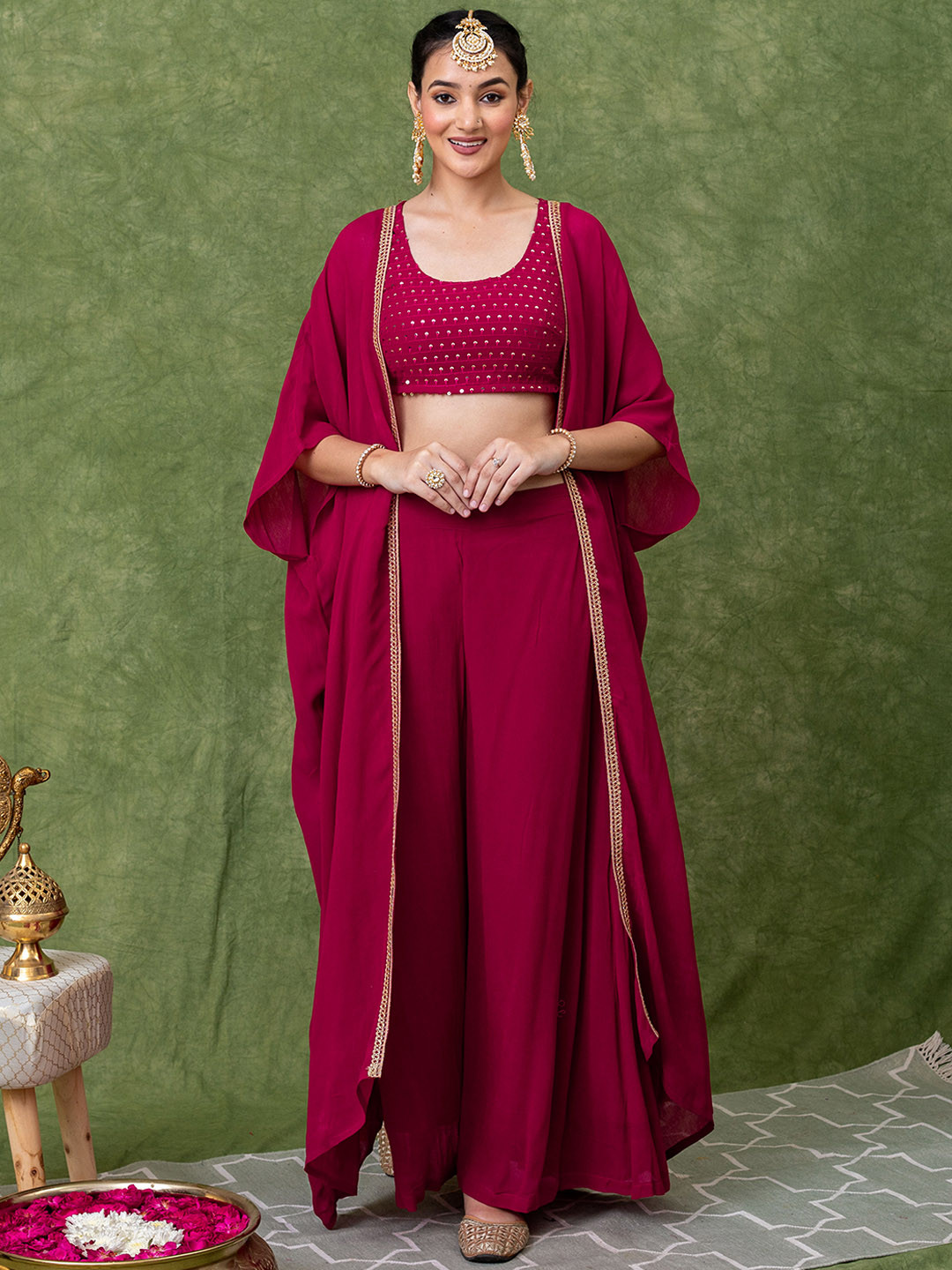 KASYA Embroidered Round-Neck Ethnic Crop Top With Palazzo & Shrug