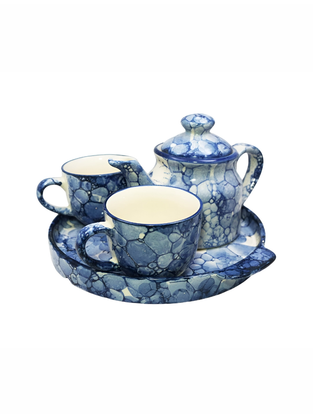 LASAKI Blue 4 Pcs Printed Ceramic Glossy Kettle Set