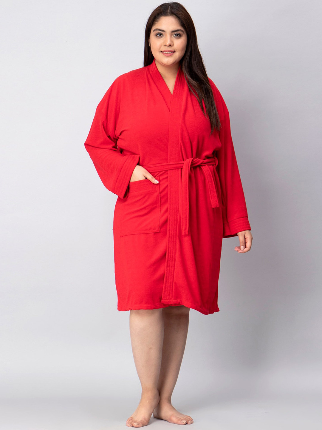 LacyLook Red Solid Terrycloth Drawstring Knee Length Bath Robe-3XL