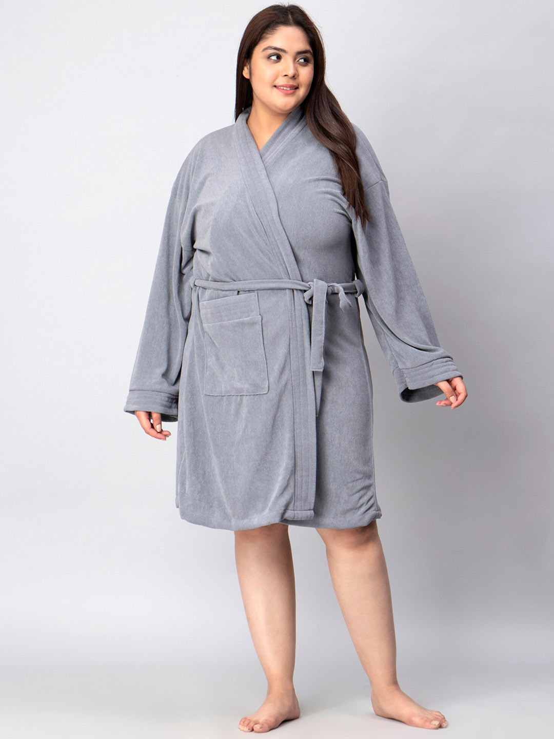 LacyLook Grey Solid Terrycloth Drawstring Knee Length Bath Robe-3XL