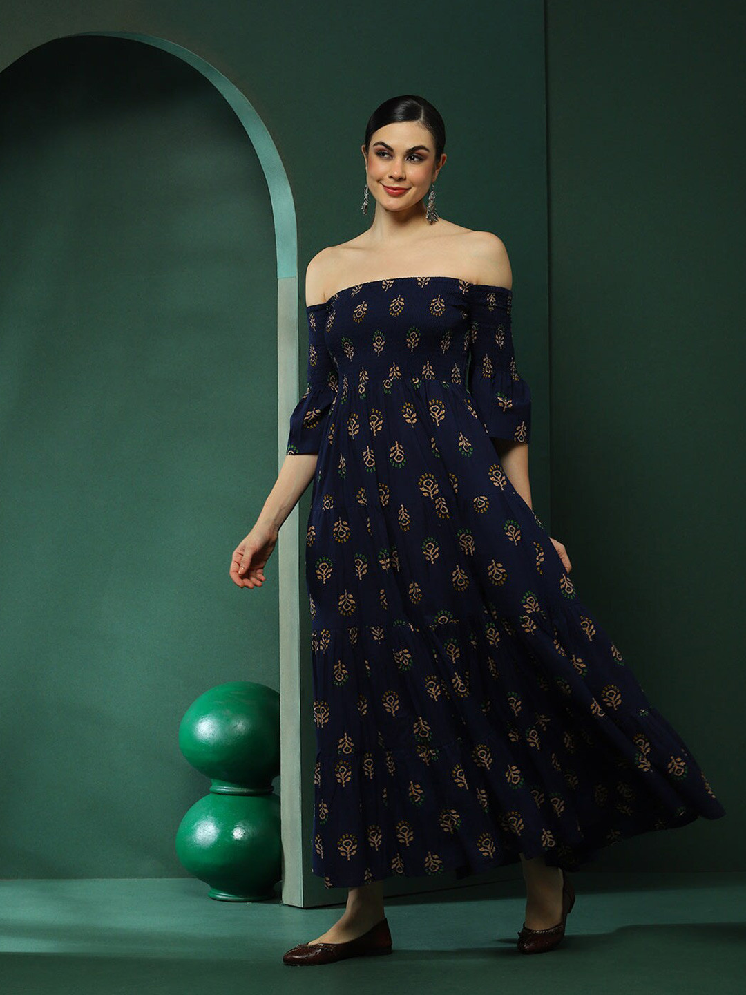 AKS Floral Print Off-Shoulder Tiered Maxi Dress