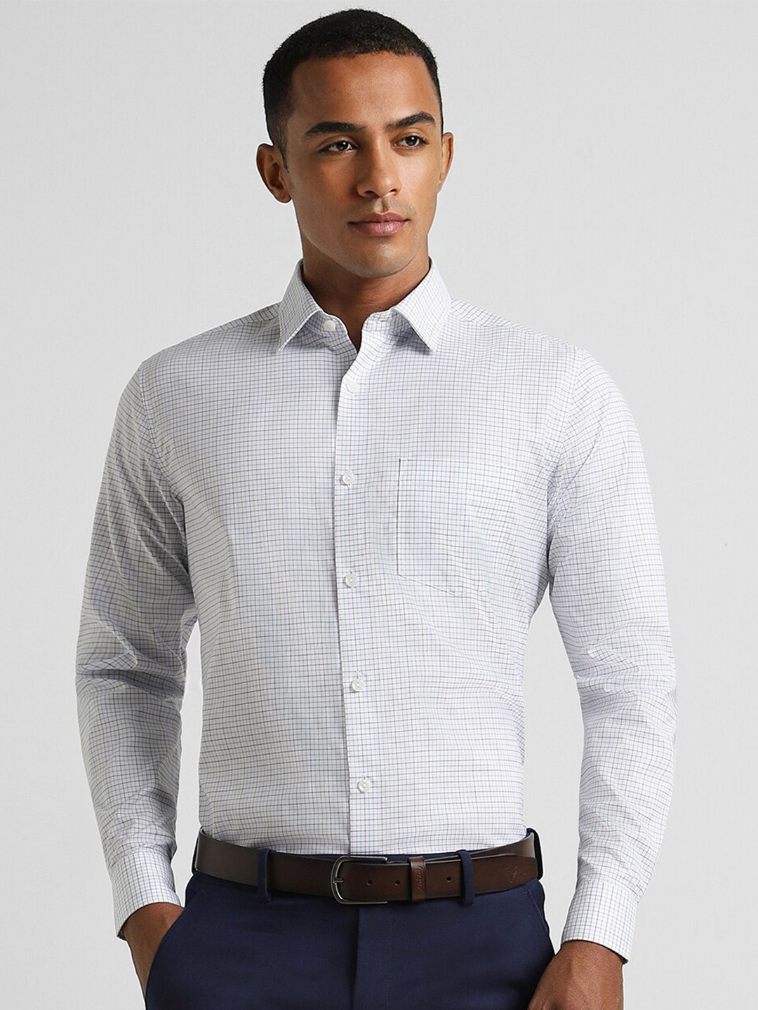 Peter England Elite Grid Tatersall Checked Spread Collar Pure Cotton Formal Shirt