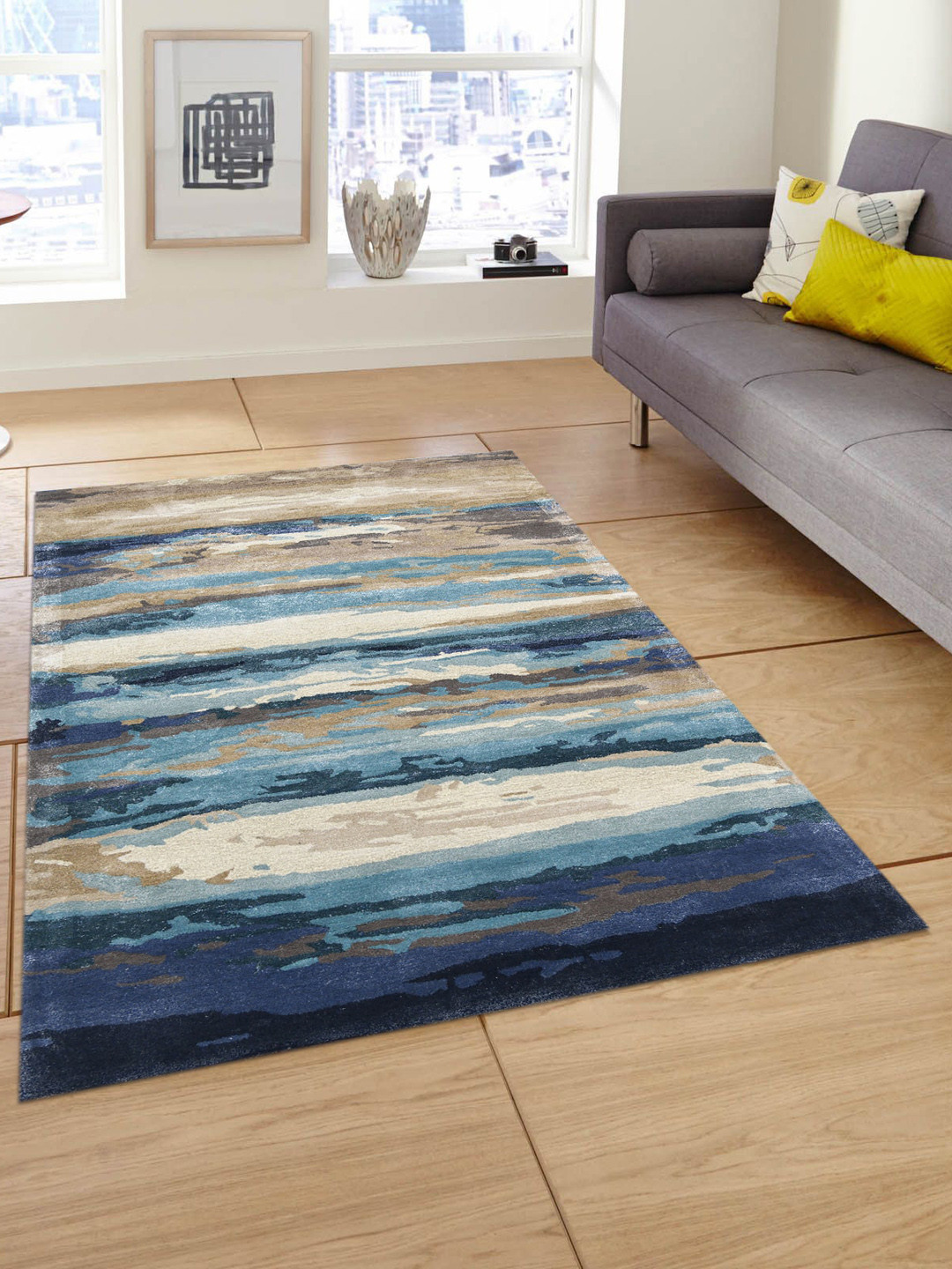 saraswatii global Emerald Brown & Blue Abstract Printed Hand-Tufted Carpet
