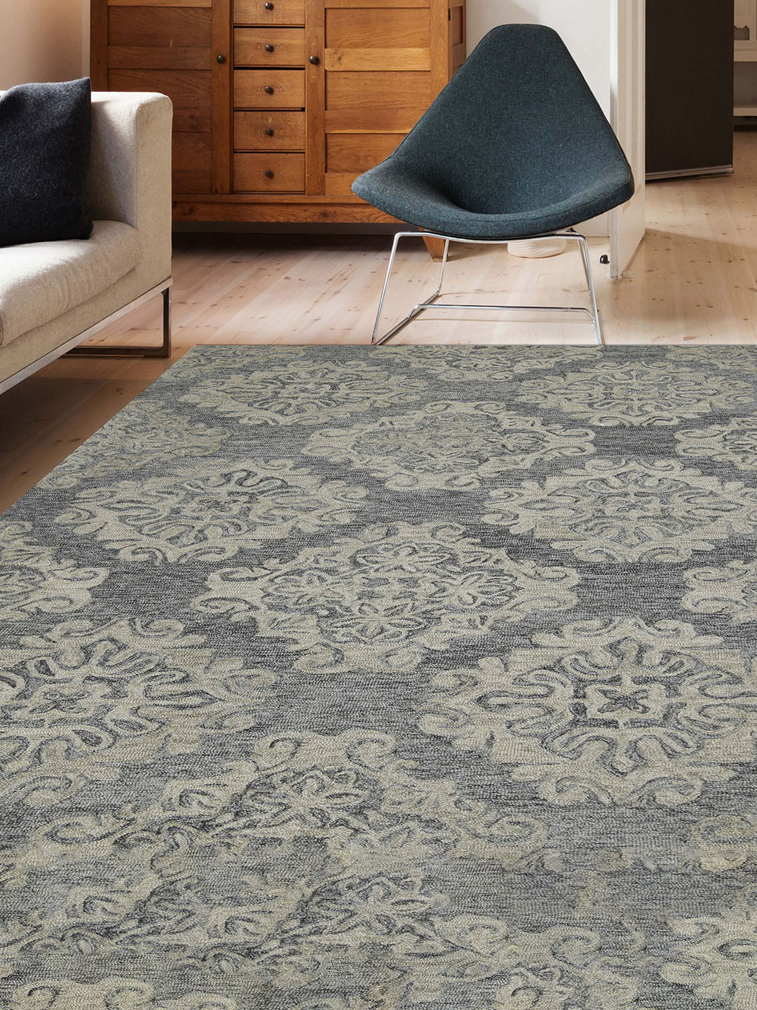 saraswatii global Boston Grey & Beige Ethnic Motifs Printed Woolen Hand-Tufted Carpet