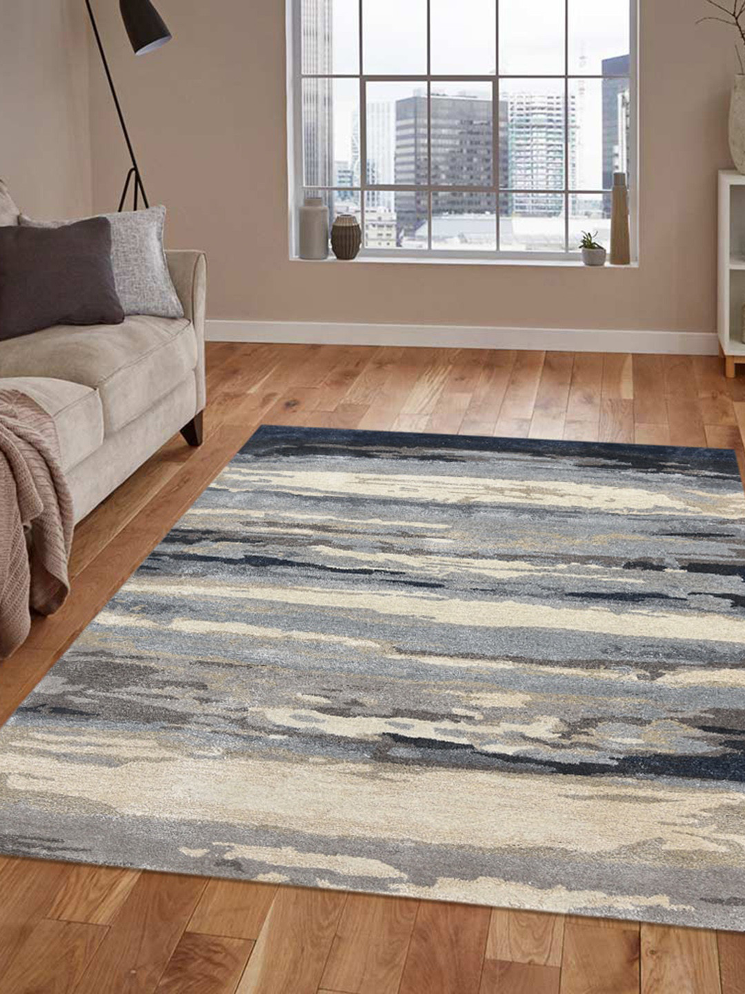saraswatii global Blue & Grey Abstract Printed Rectangle Carpet