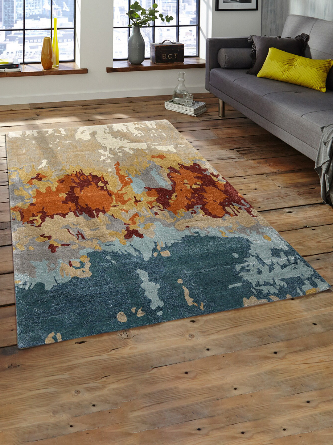 saraswatii global Orange & Blue Abstract Printed Rectangle Carpet
