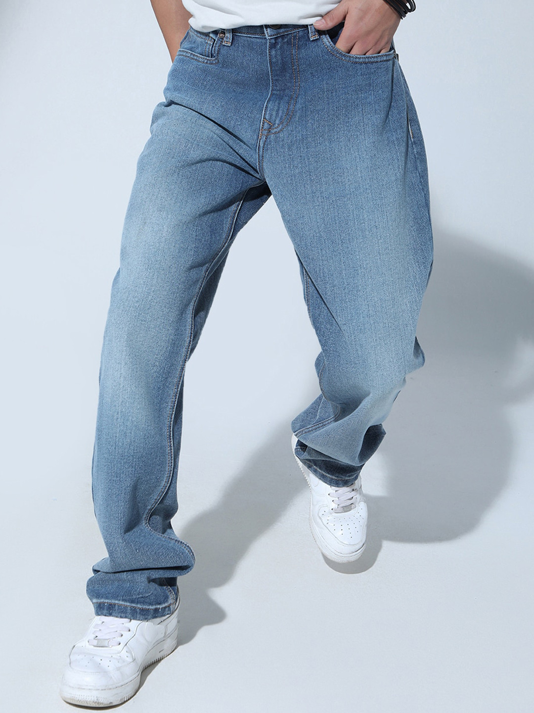 Hubberholme Men 90's Relaxed Straight Fit Clean Look Light Fade Pure Cotton Jeans