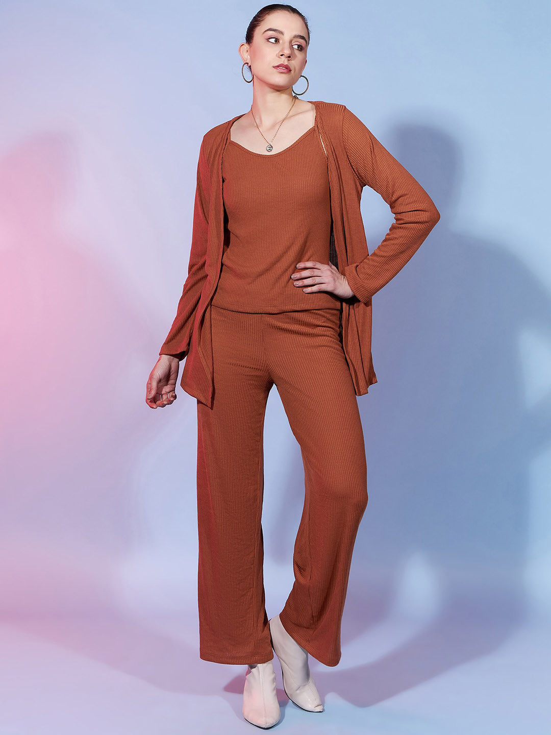 DressBerry Brown Ribbed Shoulder Straps Pure Cotton Top & Shrug With Trouser