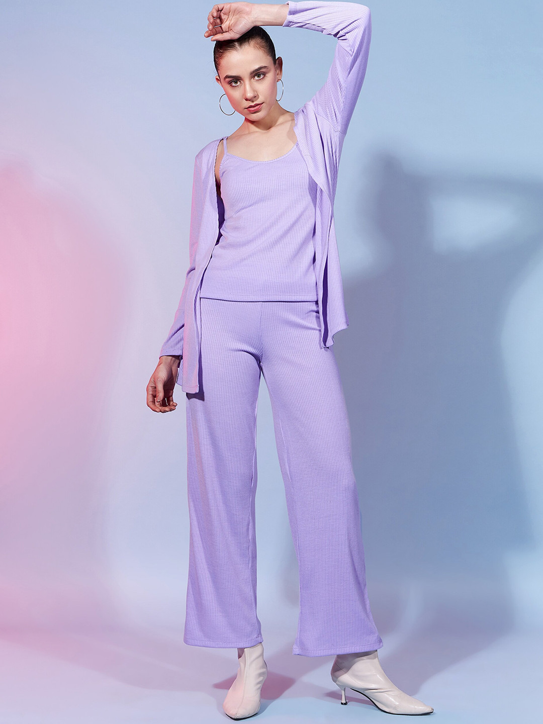 DressBerry Lavender Ribbed Pure Cotton Top With Trouser & Shrug