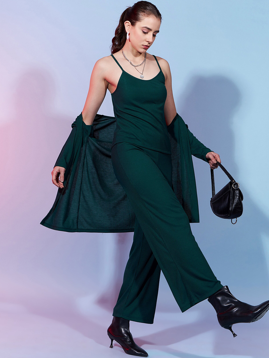 DressBerry Green Ribbed Pure Cotton Top With Trouser & Shrug