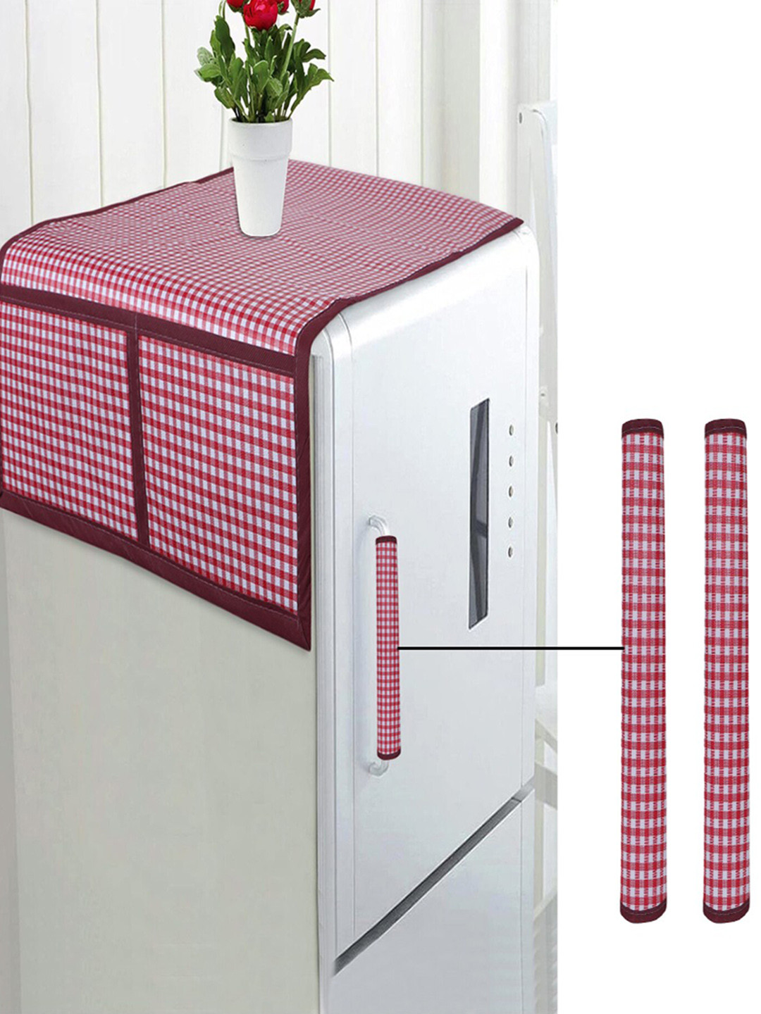 Dakshya Industries Pink Checked Lightweight Refrigerator & Handle Covers
