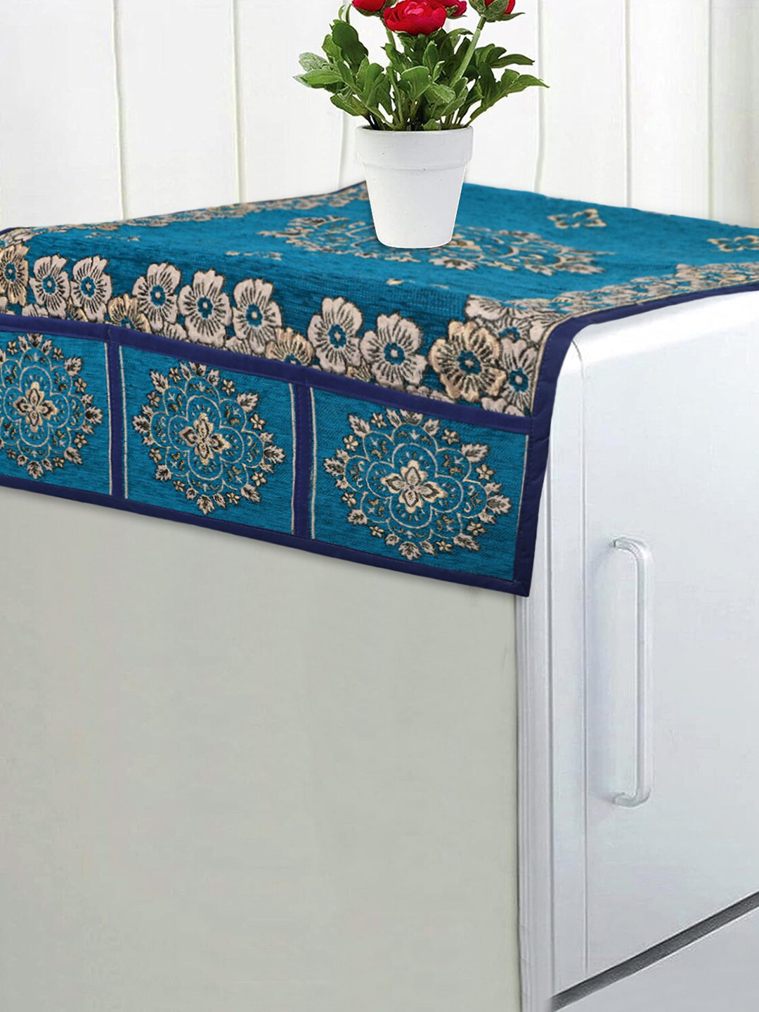 Dakshya Industries Blue & Grey Floral Woven Design Velvet Refrigerator Cover