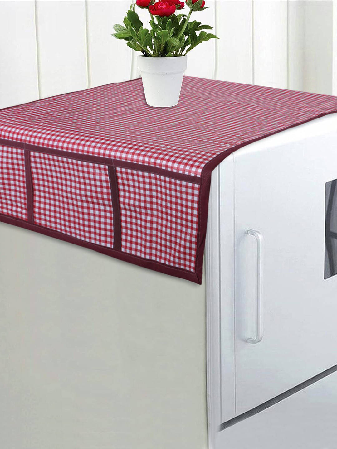Dakshya Industries Pink & Maroon Checked Lightweight Velvet Refrigerator Cover