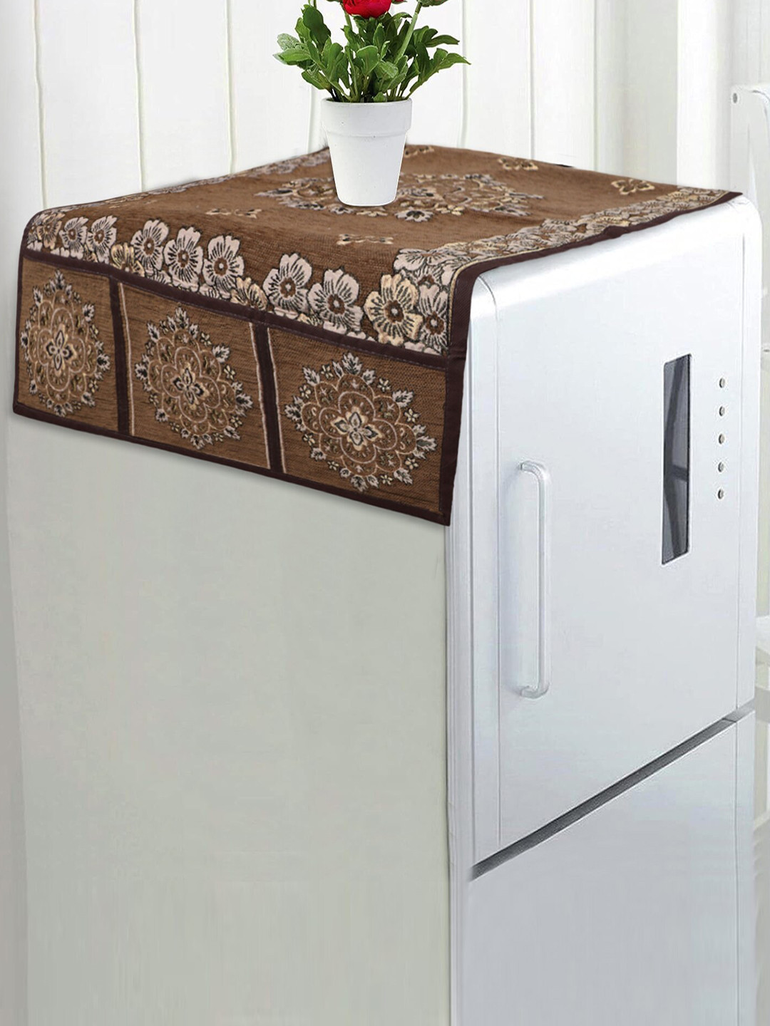 Dakshya Industries Brown Ethnic Motifs Woven Design Velvet Refrigerator Cover