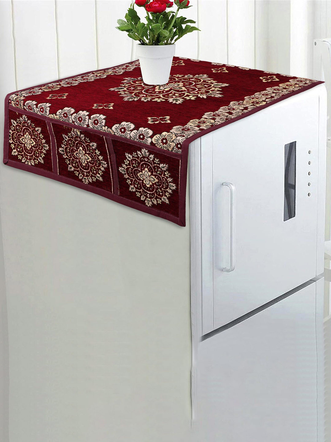 Dakshya Industries Maroon & Beige Woven Design Light Weight Velvet Refrigerator Cover