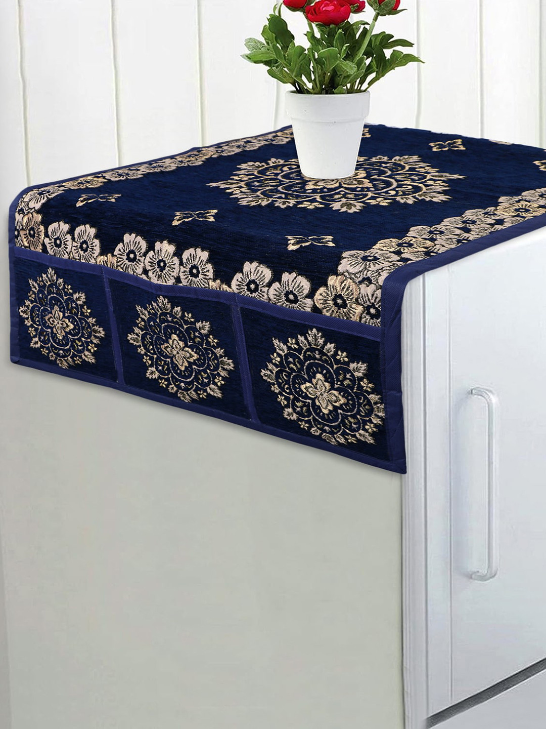 Dakshya Industries Navy Blue & Beige Woven Design Light Weight Velvet Refrigerator Cover