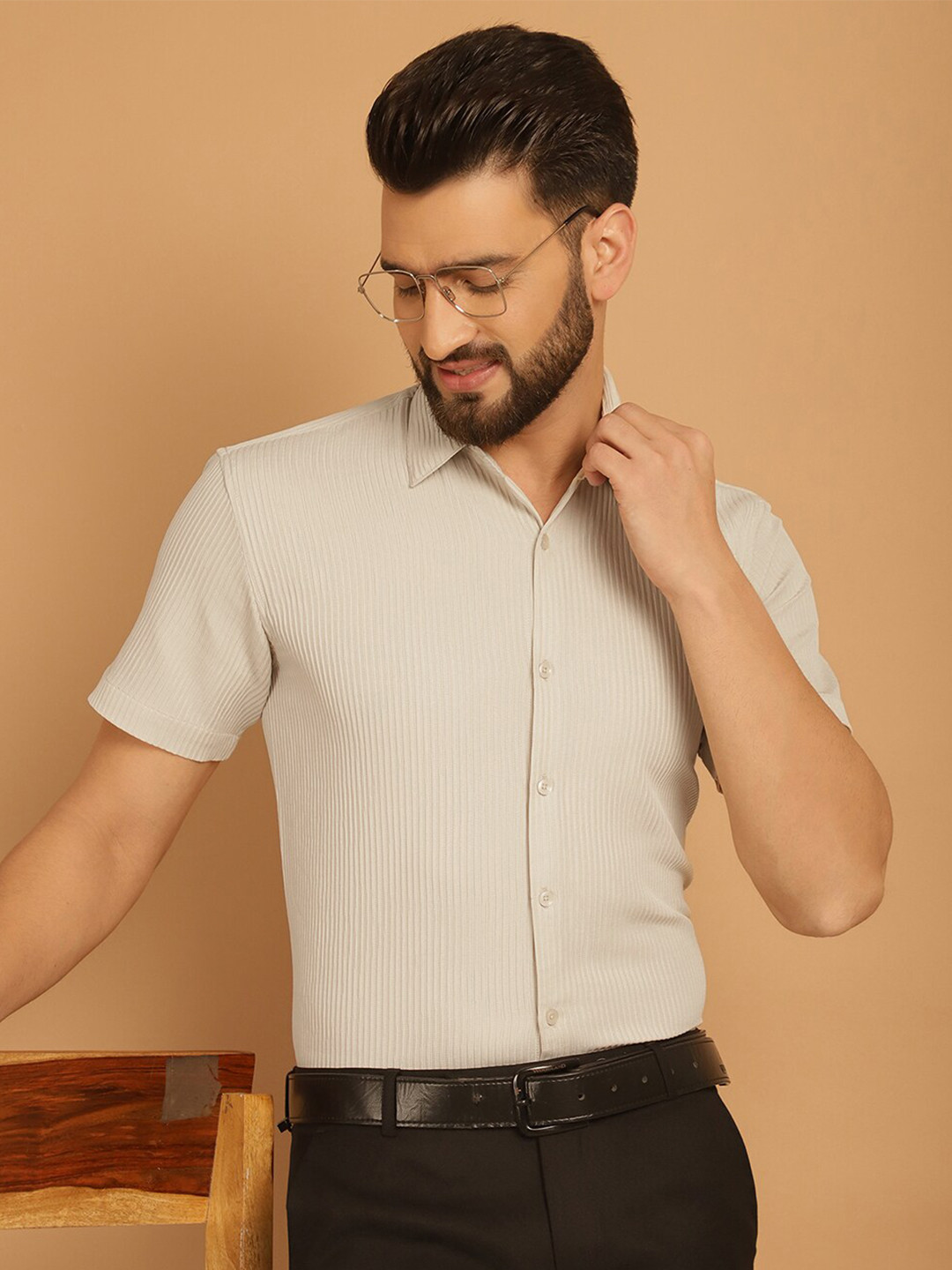 Indian Needle Grid Tattersall Checks Striped Spread Collar Wrinkle Free Formal Shirt