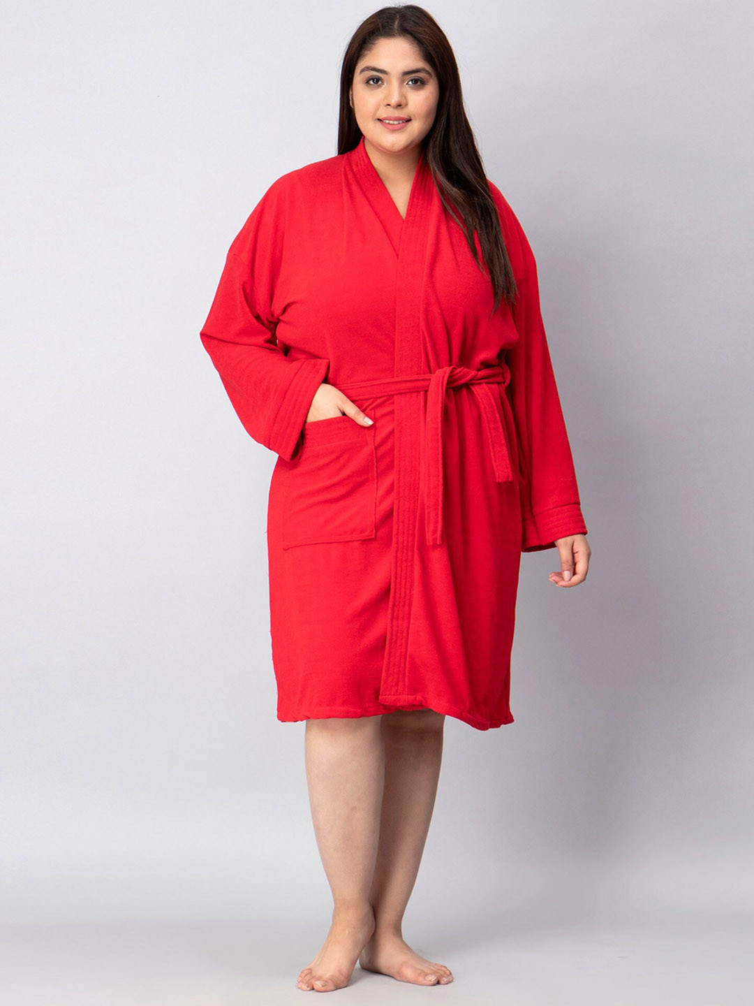HotGown Red Solid Terrycloth Drawstring Knee Length Bath Robe-3XL