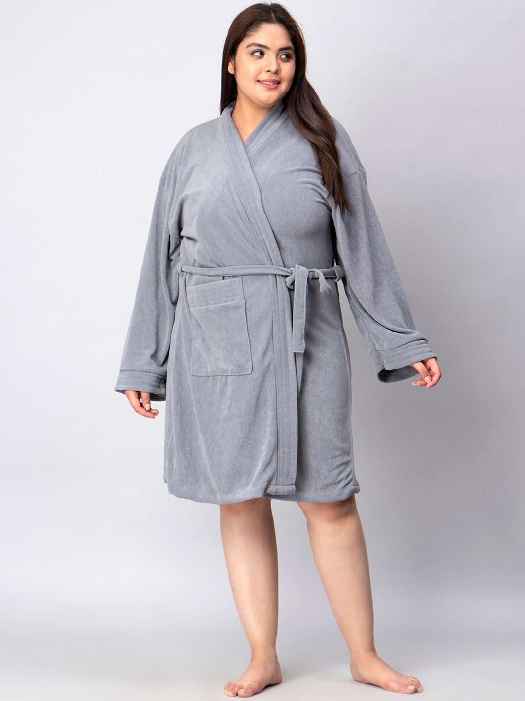 HotGown Grey Solid Terrycloth Drawstring Knee Length Bath Robe-3XL