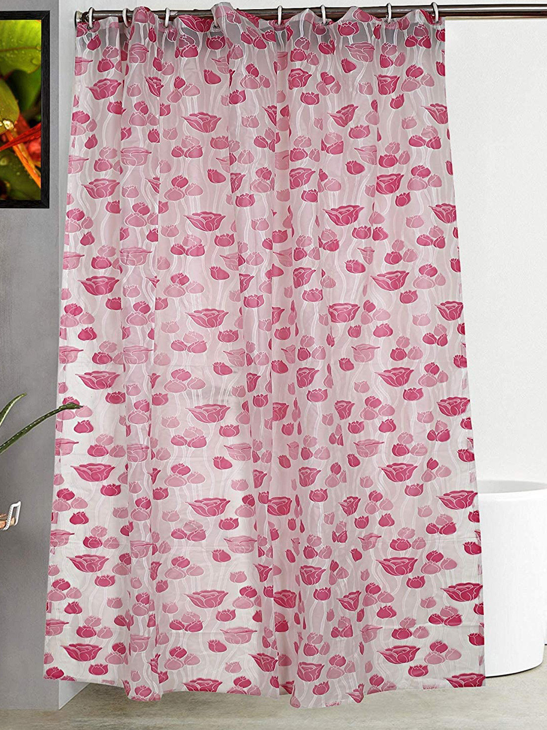 CASA-NEST Pink & White 9 Pieces Floral Printed Shower Curtain & Hooks