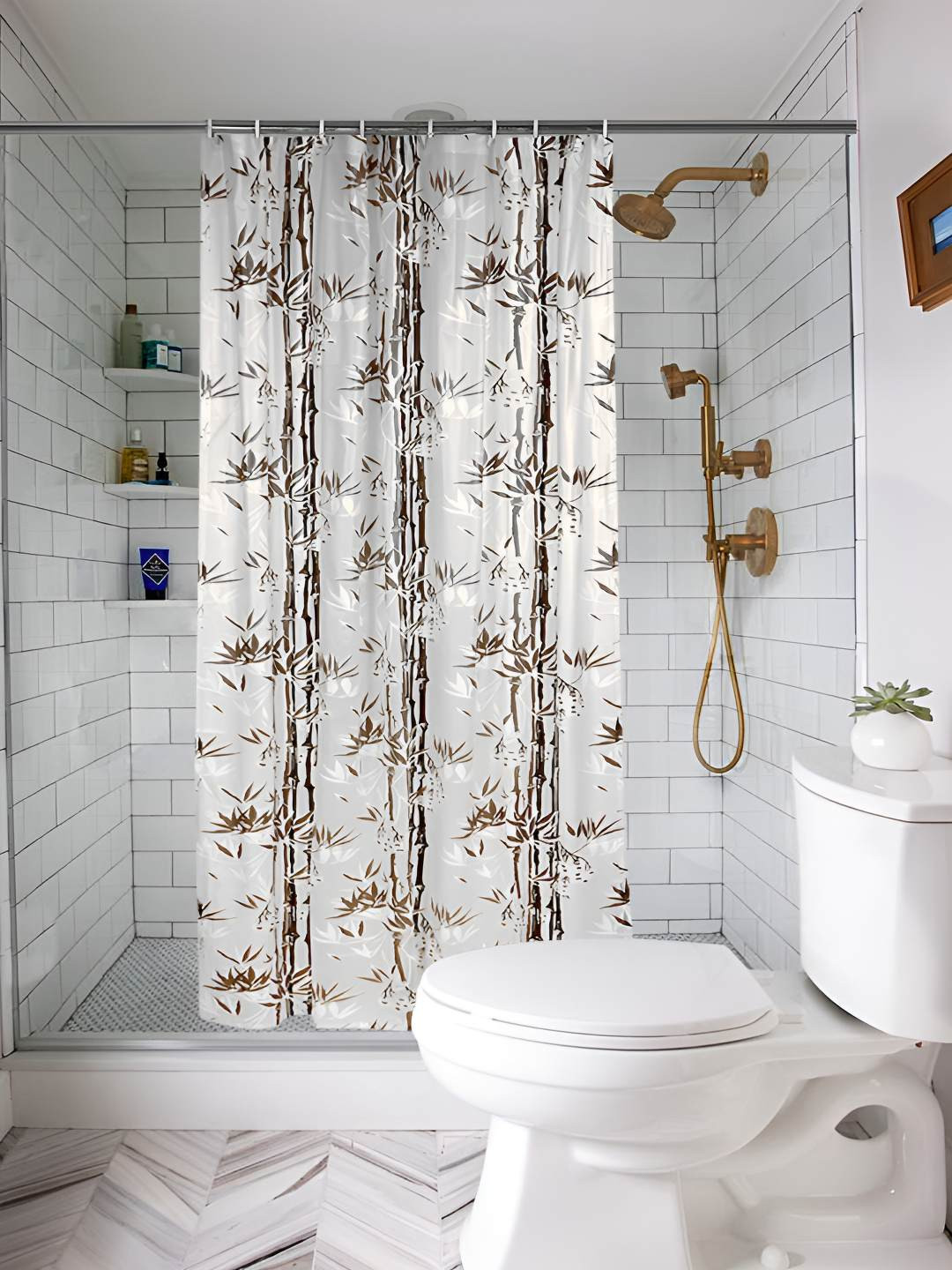 CASA-NEST Brown & White 9 Pieces Printed Floral Bamboo Shower Curtains With Hooks