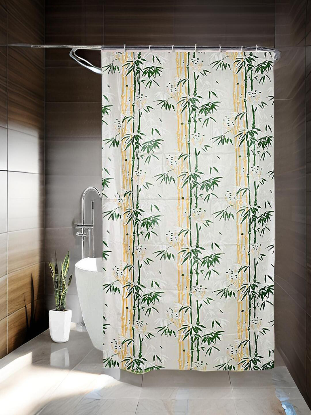 CASA-NEST White & Green 9 Pcs  Floral Bamboo Printed Waterproof Shower Curtain With Hooks