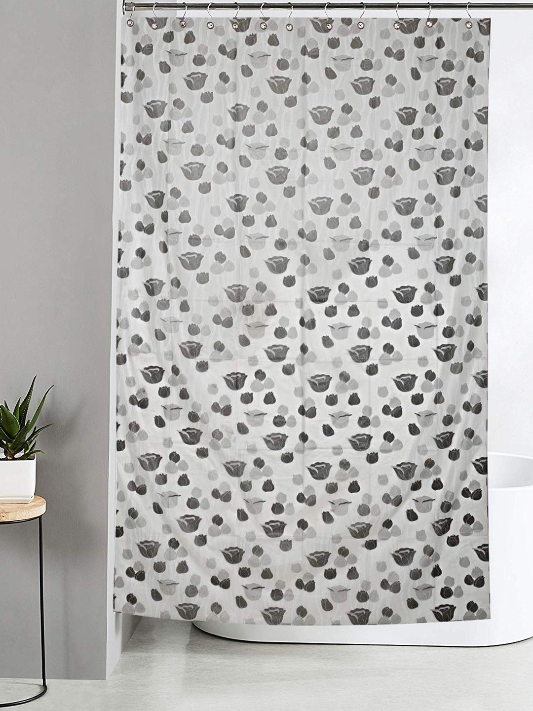 CASA-NEST Grey & White 9 Pieces Floral Printed Shower Curtain With Hooks