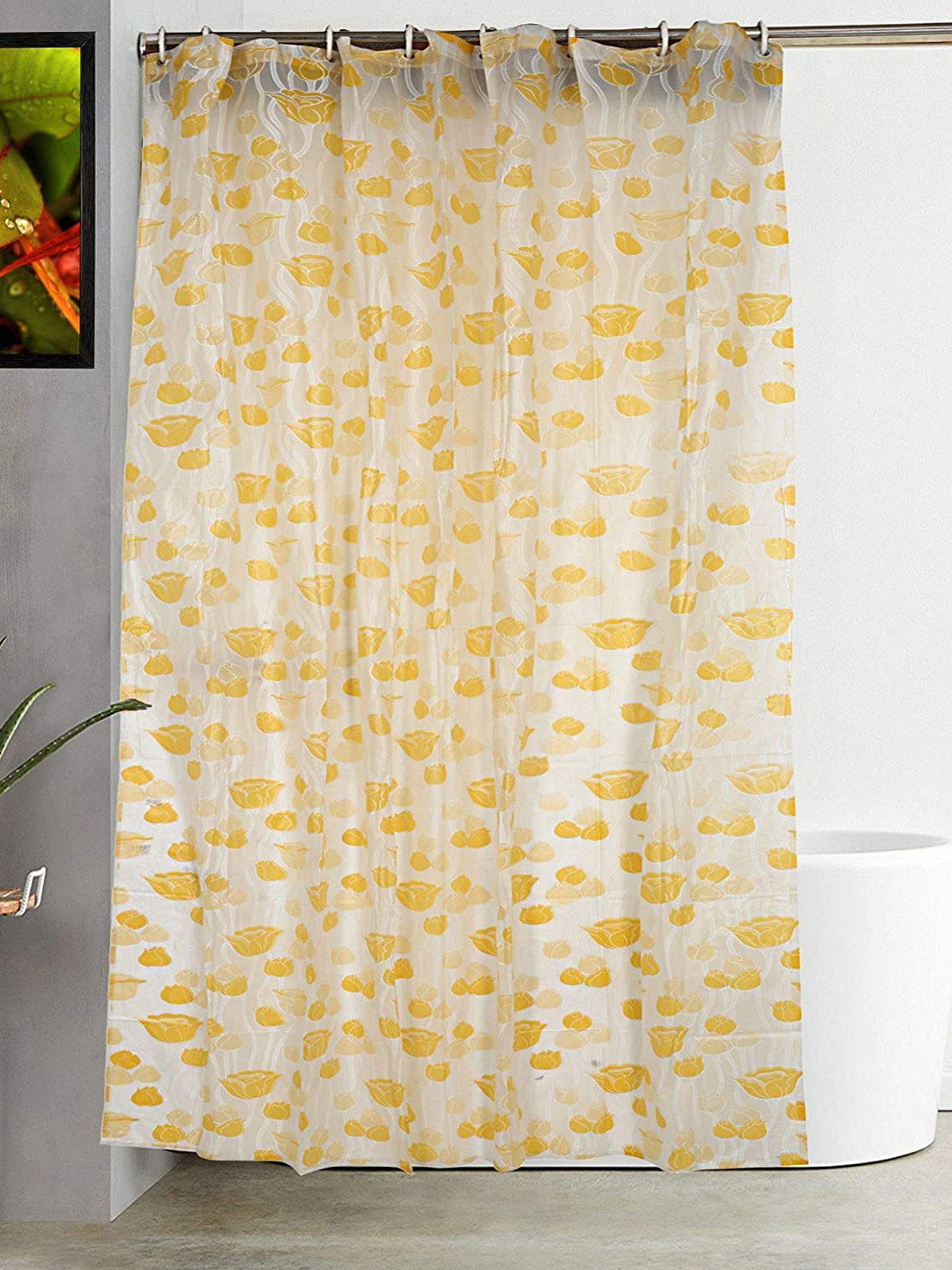 CASA-NEST Yellow & White 9 Pieces Floral Printed Shower Curtain & Hooks