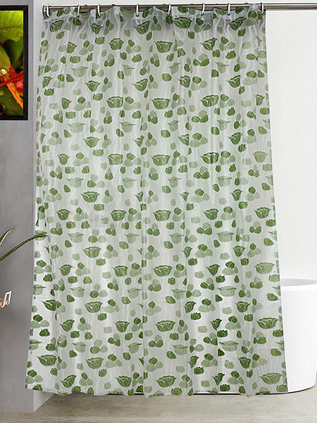 CASA-NEST Green &Beige 9 Pieces Floral Printed Shower Curtain with Hooks