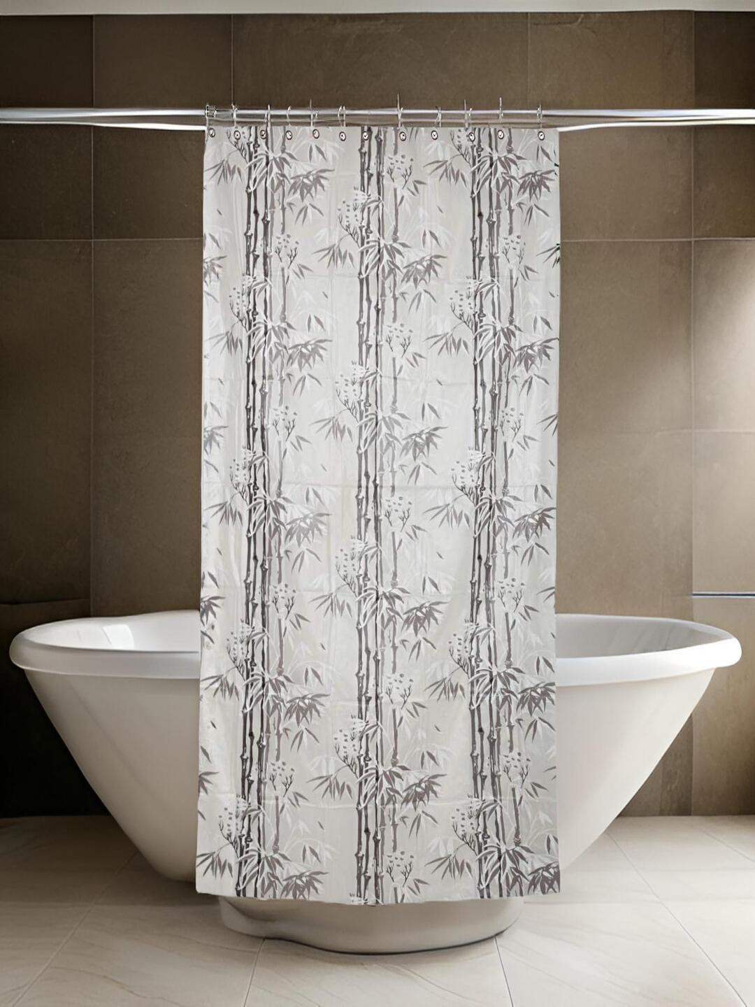 CASA-NEST Grey & White 9 Pieces Floral Bamboo Printed Shower Curtain & Hooks