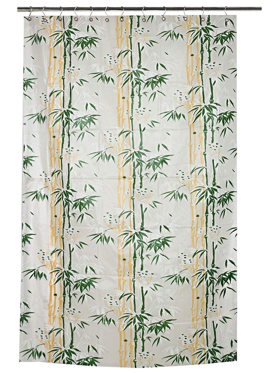 CASA-NEST Green & White 9 Pieces Floral Bamboo Printed Shower Curtain & Hooks
