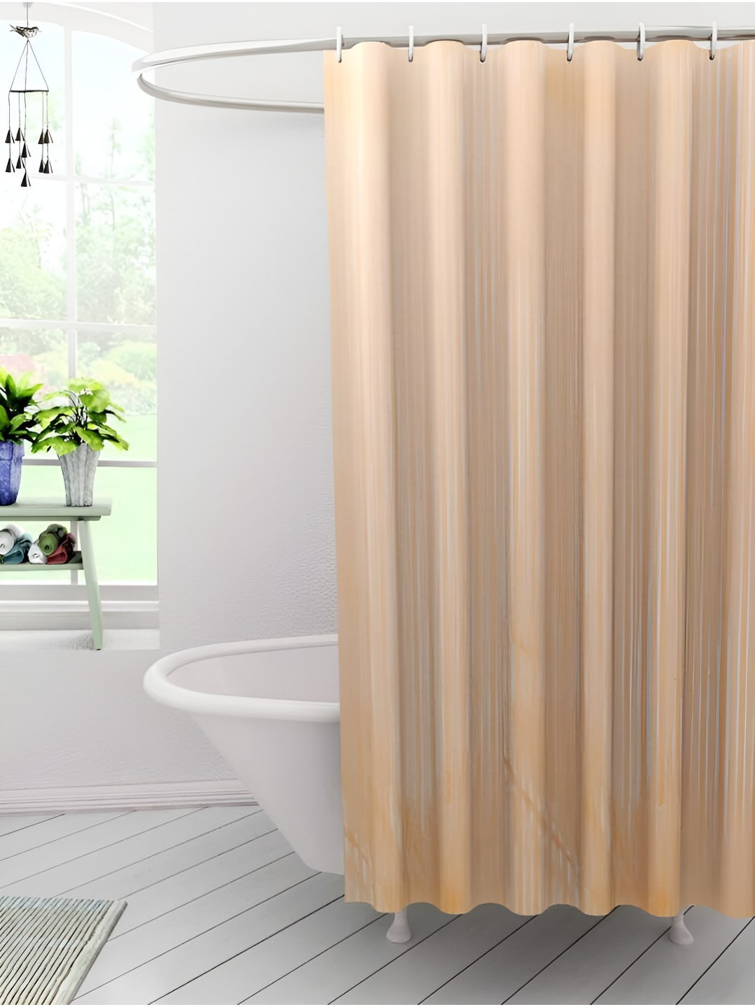 CASA-NEST Cream Coloured 9 Pieces Self Lining Design Shower Curtain & Hooks