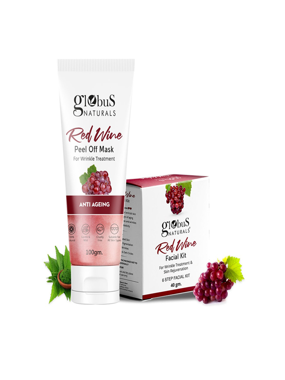 Globus naturals 2-Pcs Red Wine Peel Off Mask 100g & Facial Kit 40g Combo
